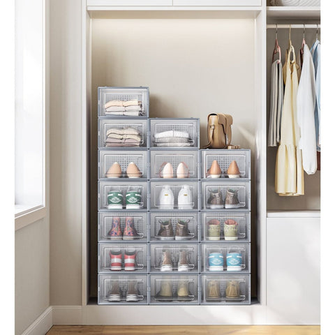 Rootz Shoe Box Organizer - Storage Container - Clear Plastic Bins - Stackable Design - 33.5cm x 23.2cm x 14.3cm - Set of 18