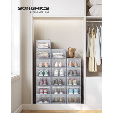 Rootz 18-pack schoenendoosorganizer - opbergcontainer - stapelbare dozen - transparant grijs - PP-materiaal - ABS-frame - 33,5 cm x 23,2 cm x 14,3 cm - Schoenen efficiënt organiseren