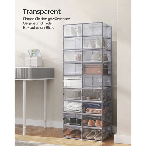 Rootz 18-pack schoenendoosorganizer - opbergcontainer - stapelbare dozen - transparant grijs - PP-materiaal - ABS-frame - 33,5 cm x 23,2 cm x 14,3 cm - Schoenen efficiënt organiseren