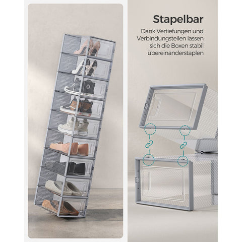 Rootz 18-pack schoenendoosorganizer - opbergcontainer - stapelbare dozen - transparant grijs - PP-materiaal - ABS-frame - 33,5 cm x 23,2 cm x 14,3 cm - Schoenen efficiënt organiseren