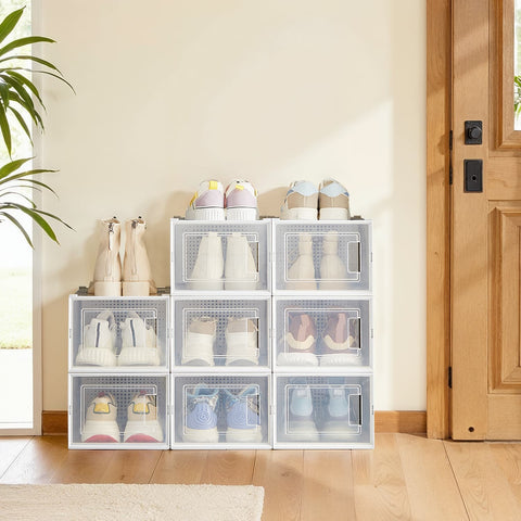 Rootz 8 Piece Shoe Storage Boxes - Stackable Organizers - Transparent & White - Dust-Free Shoe Storage - 35 x 25 x 18.5 cm