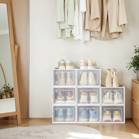 Rootz 8 Piece Shoe Storage Boxes - Stackable Organizers - Transparent & White - Dust-Free Shoe Storage - 35 x 25 x 18.5 cm