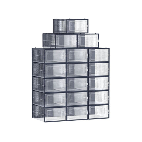 Rootz 18-pack schoenendoosorganizer - opbergcontainer - stapelbare bakken - PP-materiaal - ABS-frame - transparant antracietblauw - 33,5 cm x 23,2 cm x 14,3 cm