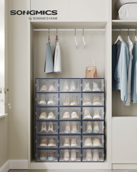 Rootz 18-pack schoenendoosorganizer - opbergcontainer - stapelbare bakken - PP-materiaal - ABS-frame - transparant antracietblauw - 33,5 cm x 23,2 cm x 14,3 cm