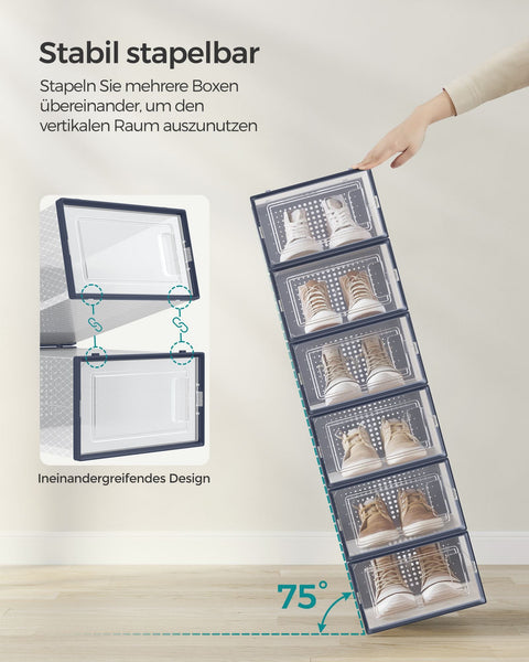 Rootz 18-pack schoenendoosorganizer - opbergcontainer - stapelbare bakken - PP-materiaal - ABS-frame - transparant antracietblauw - 33,5 cm x 23,2 cm x 14,3 cm