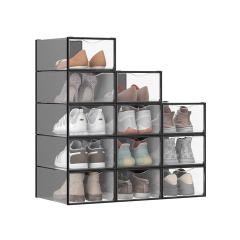 Rootz 12 Pack Shoe Storage Boxes - Transparent - Shoe Organizer - Stackable - 33.2cm x 23cm x 14.5cm