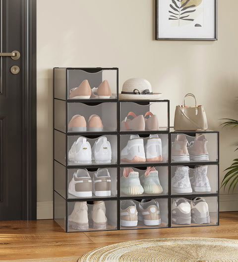 Rootz 12 Pack Shoe Storage Boxes - Transparent - Shoe Organizer - Stackable - 33.2cm x 23cm x 14.5cm