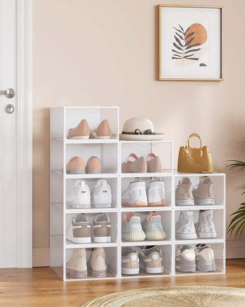 Rootz 12 Set Shoe Boxes with Door - Storage Containers - Transparent - White - PP Plastic - Space-Saving - 33.2 x 23 x 14.5 cm Each