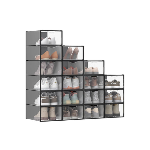 Rootz 18 Pack Shoe Boxes - Transparent Black Storage - PP Plastic Organizer - Durable Space Saver - 33.2cm x 23cm x 14.5cm