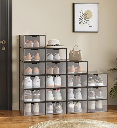 Rootz 18 Pack Shoe Boxes - Transparent Black Storage - PP Plastic Organizer - Durable Space Saver - 33.2cm x 23cm x 14.5cm