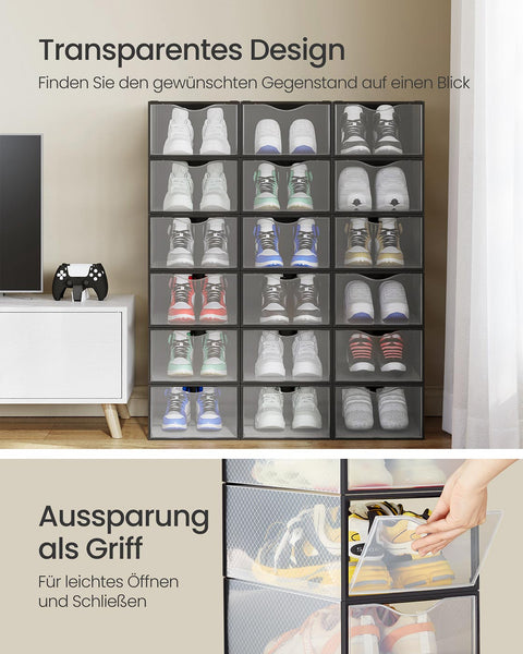 Rootz 18 Pack Shoe Boxes - Transparent Black Storage - PP Plastic Organizer - Durable Space Saver - 33.2cm x 23cm x 14.5cm