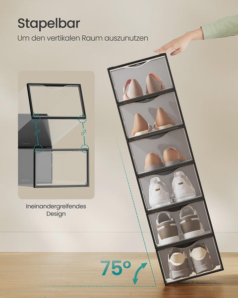 Rootz 18 Pack Shoe Boxes - Transparent Black Storage - PP Plastic Organizer - Durable Space Saver - 33.2cm x 23cm x 14.5cm