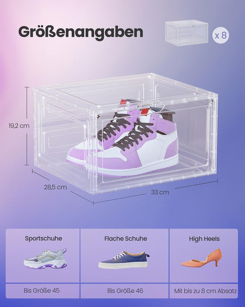 Rootz 8 Pack Shoe Box Set - Transparent White Plastic Storage - Organizers - Durable & Lightweight - 33cm x 28.5cm x 19.2cm