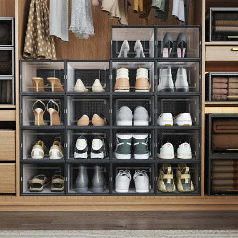 Rootz 18 Set Plastic Shoe Boxes - Shoe Organizer - Stackable Shoe Containers - Protects from Dust - 35cm x 25cm x 18.5cm