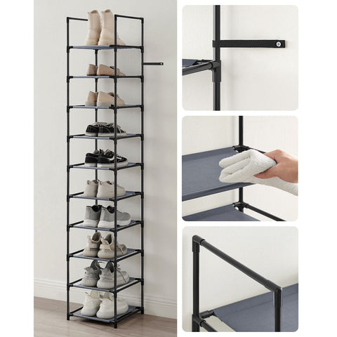 Rootz Gray Shoe Rack Organizer - Storage Rack - Shoe Stand - Non-Woven Fabric Shelves - Metal Tubes - Plastic Connectors - Space Saving - Easy Assembly - Lightweight - 33cm x 33cm x 173cm