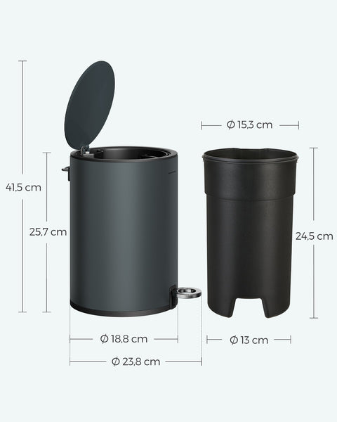 Rootz Pedal Bin - Trash Can - Waste Bin - Steel Surface - Easy to Clean - Extendable Handle - Grunge Gray - 23.8cm x 18.8cm x 25.7cm