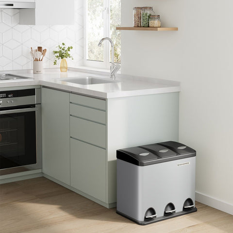 Rootz Triple Compartment Recycling Trash Can - Dove Gray-Black - Steel Construction - Inner Bucket Made of PP Plastic - 47cm x 28.3cm x 39.5cm