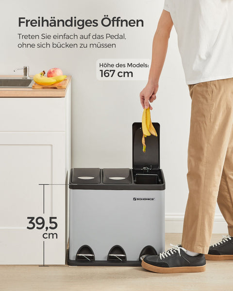 Rootz Triple Compartment Recycling Trash Can - Dove Gray-Black - Steel Construction - Inner Bucket Made of PP Plastic - 47cm x 28.3cm x 39.5cm