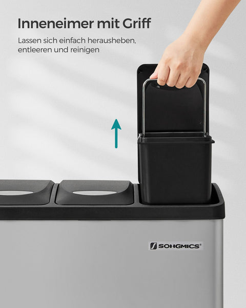 Rootz Triple Compartment Recycling Trash Can - Dove Gray-Black - Steel Construction - Inner Bucket Made of PP Plastic - 47cm x 28.3cm x 39.5cm