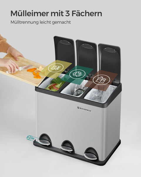 Rootz Triple Compartment Recycling Trash Can - Dove Gray-Black - Steel Construction - Inner Bucket Made of PP Plastic - 47cm x 28.3cm x 39.5cm