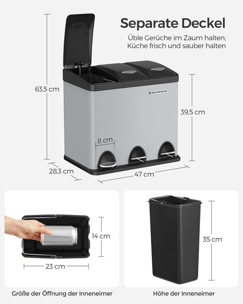 Rootz Triple Compartment Recycling Trash Can - Dove Gray-Black - Steel Construction - Inner Bucket Made of PP Plastic - 47cm x 28.3cm x 39.5cm