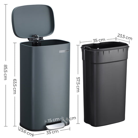 Rootz 30L Pedal Trash Can - Waste Bin - Garbage Can - Airtight Seal - Hygienic - Puppy and Child Safe - Steel and Plastic - 35cm x 23.8cm x 63cm