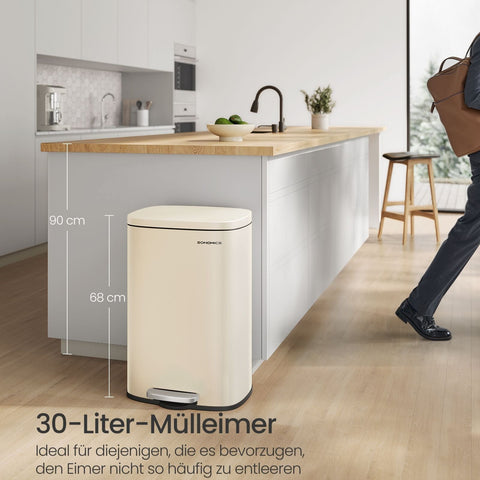 Rootz Steel Trash Can - Garbage Bin - Waste Container - Plastic Liner - 43.2cm x 37.1cm x 63.2cm - Sand Beige - 50L Capacity