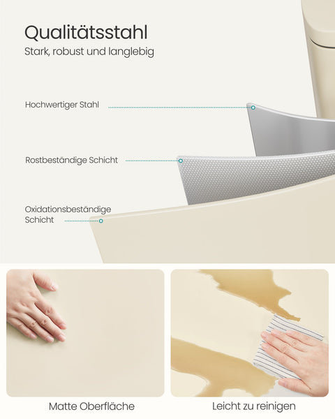 Rootz Steel Trash Can - Garbage Bin - Waste Container - Plastic Liner - 43.2cm x 37.1cm x 63.2cm - Sand Beige - 50L Capacity