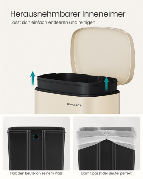 Rootz Steel Trash Can - Garbage Bin - Waste Container - Plastic Liner - 43.2cm x 37.1cm x 63.2cm - Sand Beige - 50L Capacity