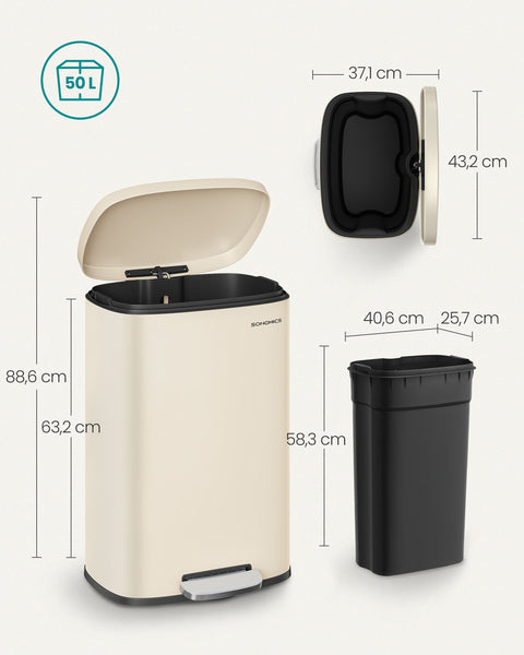Rootz Steel Trash Can - Garbage Bin - Waste Container - Plastic Liner - 43.2cm x 37.1cm x 63.2cm - Sand Beige - 50L Capacity
