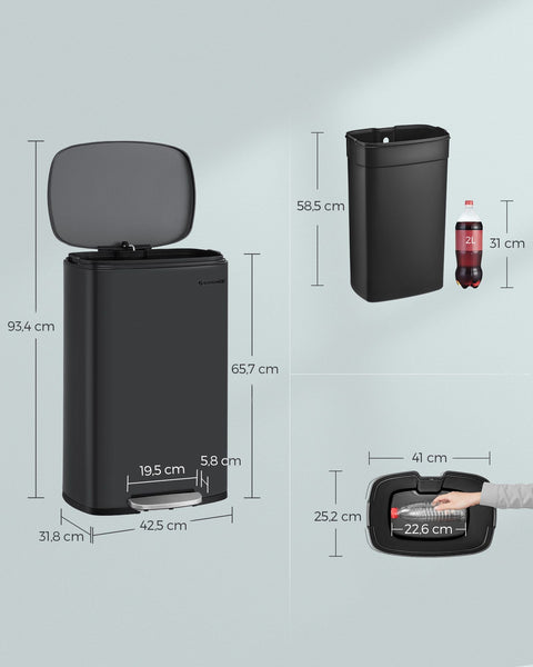 Rootz Steel and Plastic Trash Can - Black Garbage Bin - Foot Pedal Waste Bin - 50L Capacity - 42.5cm x 31.8cm x 65.7cm