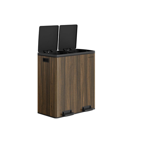 Rootz Large Brown and Black Dual Compartment Trash Bin - Waste Separator - Garbage Can - Foot Pedal - 59 x 36.5 x 65.2 cm