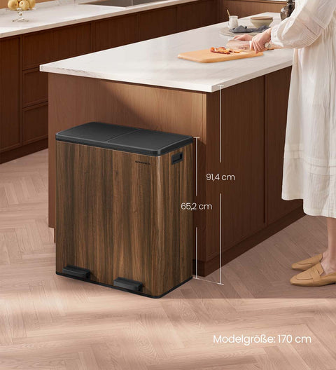 Rootz Large Brown and Black Dual Compartment Trash Bin - Waste Separator - Garbage Can - Foot Pedal - 59 x 36.5 x 65.2 cm