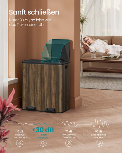 Rootz Large Brown and Black Dual Compartment Trash Bin - Waste Separator - Garbage Can - Foot Pedal - 59 x 36.5 x 65.2 cm