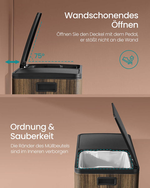 Rootz Large Brown and Black Dual Compartment Trash Bin - Waste Separator - Garbage Can - Foot Pedal - 59 x 36.5 x 65.2 cm