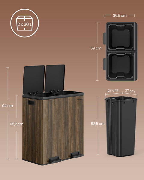Rootz Large Brown and Black Dual Compartment Trash Bin - Waste Separator - Garbage Can - Foot Pedal - 59 x 36.5 x 65.2 cm