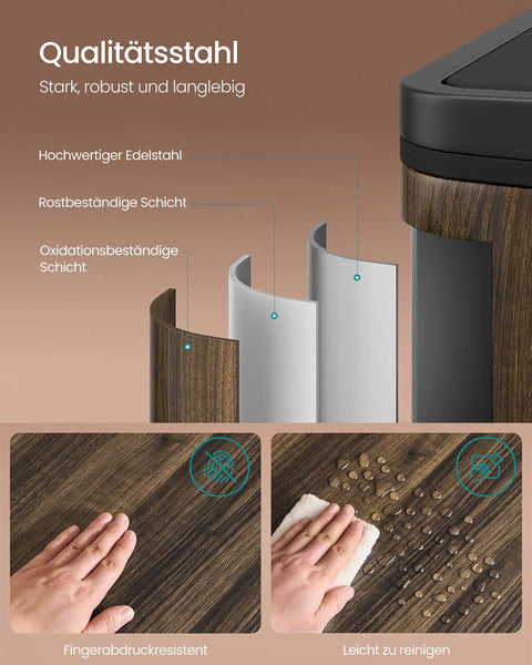 Rootz Large Brown and Black Dual Compartment Trash Bin - Waste Separator - Garbage Can - Foot Pedal - 59 x 36.5 x 65.2 cm