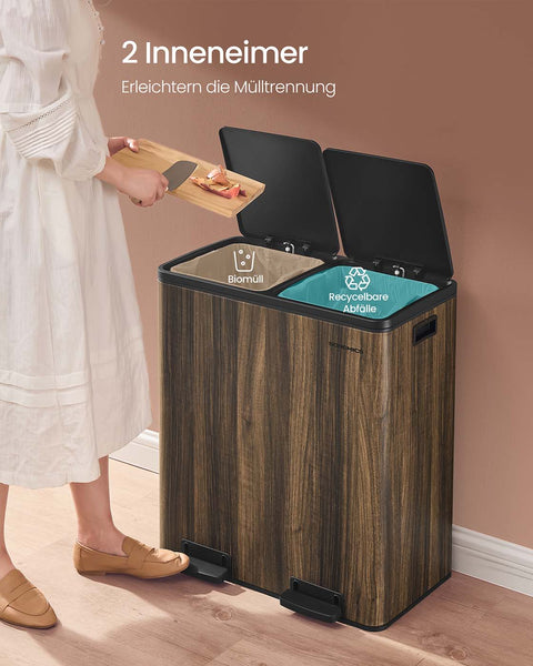 Rootz Large Brown and Black Dual Compartment Trash Bin - Waste Separator - Garbage Can - Foot Pedal - 59 x 36.5 x 65.2 cm