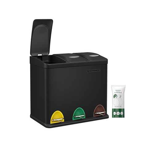 Rootz 3 Compartment Pedal Bin - Recycling Bin - Trash Can - Airtight Seal - Premium Material - Separate Compartments - Practical Handle - Removable Inner Buckets - Wall Mountable - Black - Steel & Plastic - 46.5cm x 29.5cm x (40.5-65)cm