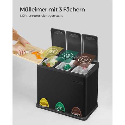 Rootz 3 Compartment Pedal Bin - Recycling Bin - Trash Can - Airtight Seal - Premium Material - Separate Compartments - Practical Handle - Removable Inner Buckets - Wall Mountable - Black - Steel & Plastic - 46.5cm x 29.5cm x (40.5-65)cm