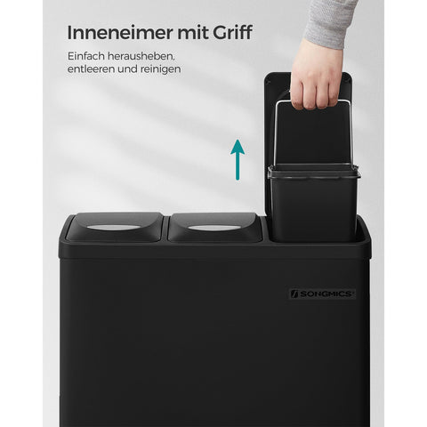 Rootz 3 Compartment Pedal Bin - Recycling Bin - Trash Can - Airtight Seal - Premium Material - Separate Compartments - Practical Handle - Removable Inner Buckets - Wall Mountable - Black - Steel & Plastic - 46.5cm x 29.5cm x (40.5-65)cm