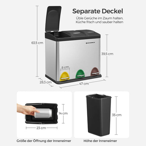 Rootz Waste Bin - Garbage Bin - Recycling Bin - Waste Separation - Stainless Steel - 46.5cm x 40.5cm x 29.5cm