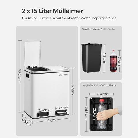 Rootz Dual Compartment Pedal Bin - Recycling Bin - Trash Can - White - Steel Construction - Hygienic - Puppy-Proof - Child-Proof - 41cm x 36cm x 73.5cm