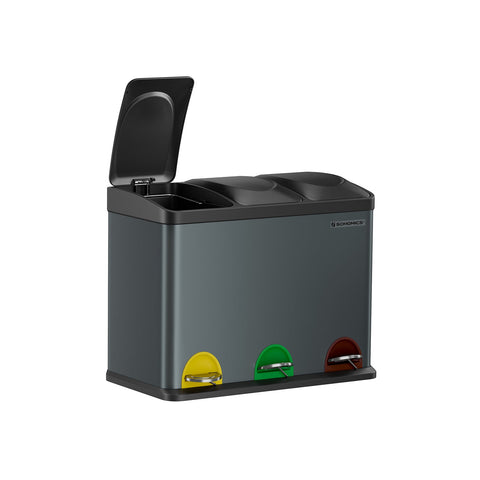 Rootz Stainless Steel Trash Can - Smoke Gray Black - Large Bin - Dual Inner Buckets - Odor Control - 60.5cm x 31.5cm x 48.5cm