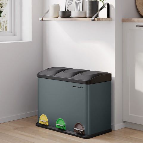 Rootz Stainless Steel Trash Can - Smoke Gray Black - Large Bin - Dual Inner Buckets - Odor Control - 60.5cm x 31.5cm x 48.5cm