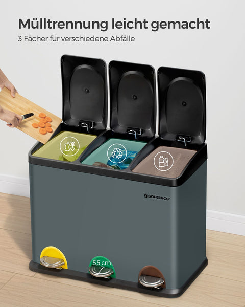 Rootz Stainless Steel Trash Can - Smoke Gray Black - Large Bin - Dual Inner Buckets - Odor Control - 60.5cm x 31.5cm x 48.5cm