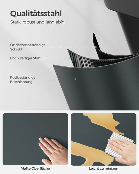 Rootz Stainless Steel Trash Can - Smoke Gray Black - Large Bin - Dual Inner Buckets - Odor Control - 60.5cm x 31.5cm x 48.5cm