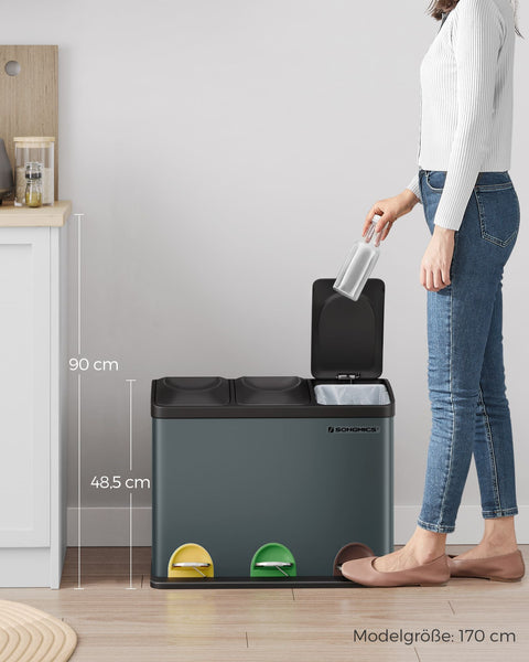 Rootz Stainless Steel Trash Can - Smoke Gray Black - Large Bin - Dual Inner Buckets - Odor Control - 60.5cm x 31.5cm x 48.5cm