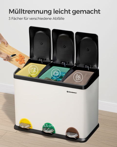 Rootz Stainless Steel Trash Can - Waste Bin - Garbage Bin - Durable Material - Dual Compartment - Odor Control - 60.5cm x 31.5cm x 48.5cm