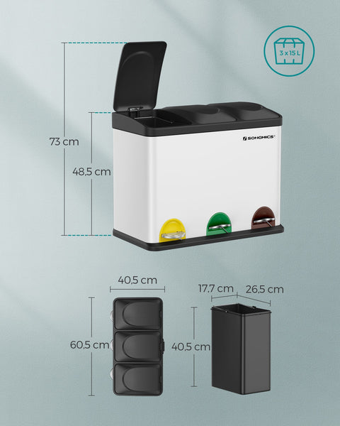 Rootz Stainless Steel Trash Can - Waste Bin - Garbage Bin - Durable Material - Dual Compartment - Odor Control - 60.5cm x 31.5cm x 48.5cm